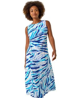 Roman Abstract Side Pleat Midi Dress - Blue