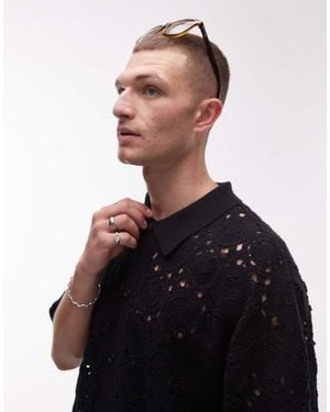 TOPMAN Relaxed Floral Crochet Shirt - Black