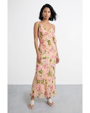 Warehouse Twist Bodice Off Shoulder Floral Midi Dress - White