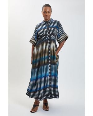 Karen Millen Plus Size Stripe Collared Woven Midi Dress - Blue
