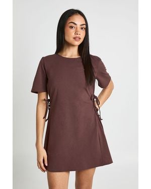 Boohoo Cotton Tie Up Side Detail Tshirt Dress - Brown