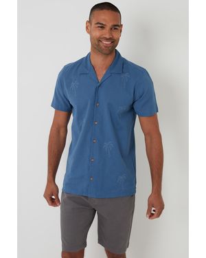 Threadbare Linen Blend Palm Embroidered Short Sleeve Shirt - Blue