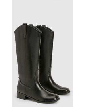Boohoo Clean Western Distressed Block Heel Cowboy Boots - Black