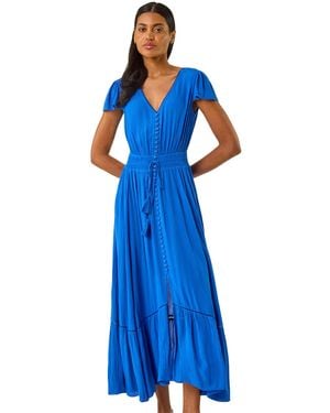 Roman Tiered Buttoned Maxi Dress - Blue