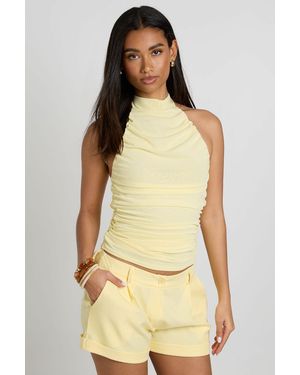 Boohoo Slinky Mesh Ruched Halterneck Top - Natural