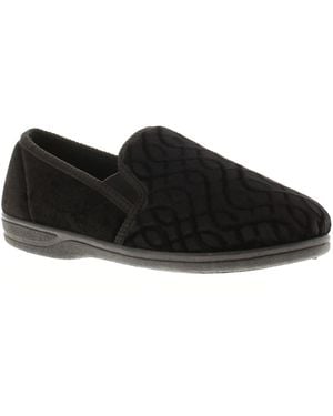 Wynsors Moccasin Full Slippers Twin Gusset Leo Textile - Black