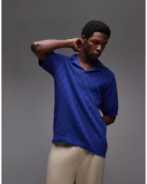 TOPMAN Knitted Check Crochet Polo - Blue