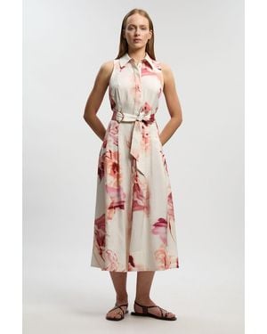 Karen Millen Premium Viscose Linen Top Stitch Halter Neck Woven Midi Dress With D Ring Detail - Pink