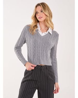 Pink Vanilla Knitted Jumper With Shirt Detail - Grey