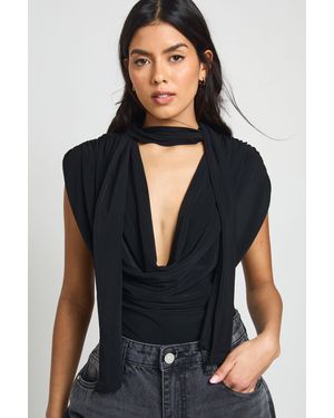 Boohoo Double Layer Slinky Scarf Detail Ruched Shoulder Bodysuit - Black