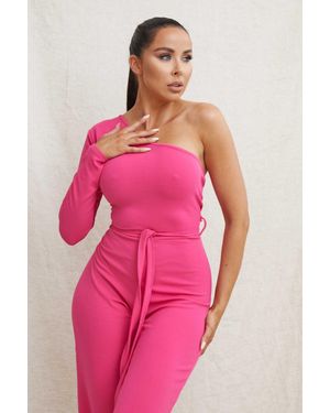 Femme Luxe Belted One Shoulder Jumpsuit - Pink
