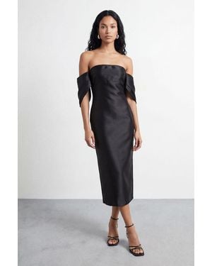 Warehouse Petite Structured Puff Sleeve Bardot Midi Dress - Black