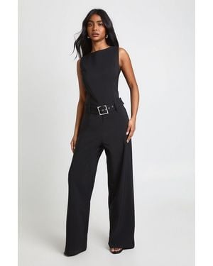 Boohoo Belted Wide Leg Jumpsuit - Blue