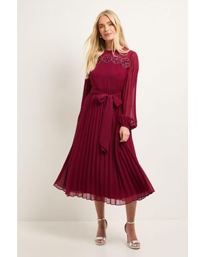 Wallis Petite Pleated Floral Trim Midi Dress - Red