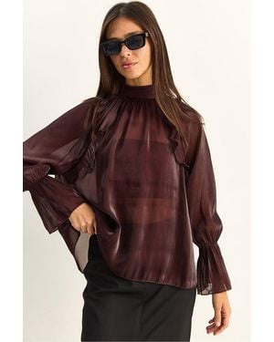 Bianco Lucci Frilly Mandarin Collar Button-Up Shirt - Red