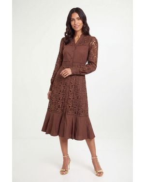 Wallis Lace Insert Cotton Shirt Dress - Brown