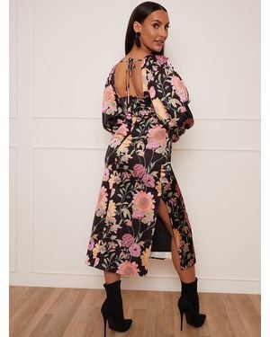 Chi Chi London Petite Long Sleeve Cut Out Detail Floral Midi Dress - Natural