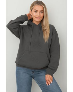 Femme Luxe Oversized Crucifix Cross Embroidered Hoodie - Grey