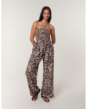 Blue Vanilla Leopard Print Shirred Waist Jumpsuit - Brown