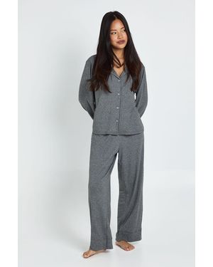 Boohoo Petite Soft Touch Button Through Shirt And Trouser Pyjama Set - Grey