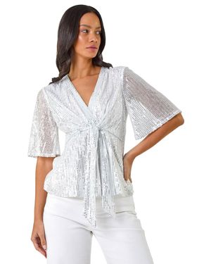 D.u.s.k Sequin Tie Front V-Neck Top - White