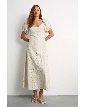 Warehouse Stripe Cotton Broderie Midi Dress - Natural
