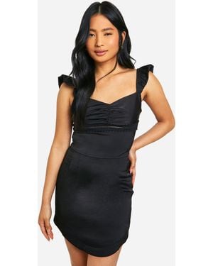 Boohoo Petite Lace Trim Frill Satin Top - Black
