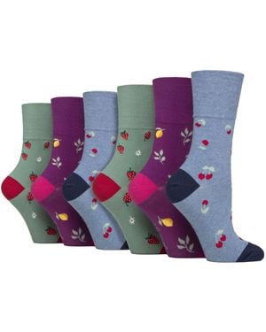 Gentle Grip 6 Pairs Ladies Non Elastic Cotton Rich Wildlife Dogs Cats Patterned Socks - Purple