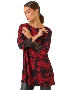 Roman Floral Print Lace Trim Stretch Top - Red