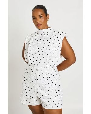 Boohoo Plus Polka Dot Tailored Pleat Detail Playsuit - White