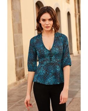 Sosandar Dark Aqua Animal Print Fit & Flare Top - Blue