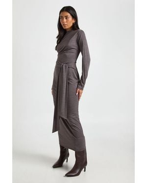 Boohoo Marl Long Sleeve Tie Waist Midaxi Dress - Brown
