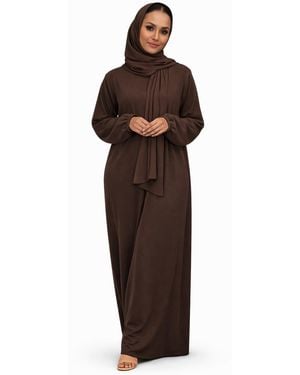 VR2 Denim Ladies Abaya With Scarf Attached Comfortable Modest Dress - Brown