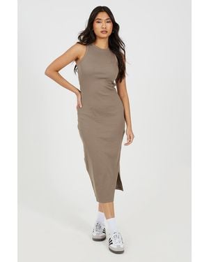 Brave Soul Crew Neck Bodycon Midi Dress With Slit Detail - White