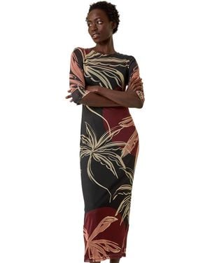 Roman Palm Print Mesh Maxi Stretch Dress - Red