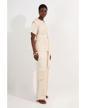Karen Millen Premium Linen Twill Top Stitch Woven Trouser - Natural