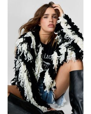 Nasty Gal Striped Shaggy Cardigan - Black