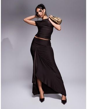 Kaiia Exclusive Double Layered Slinky Drape Detail Maxi Skirt Co-Ord - Brown