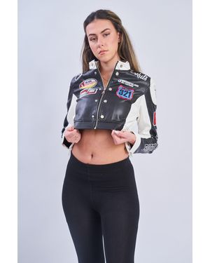Femme Luxe Pu Leather Racer Patch Details Cropped Jacket - Blue