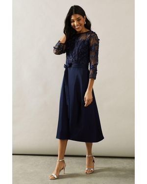 Wallis Satin And Mesh Overlay Fit And Flare Dress - Blue
