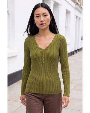 Roman Button Rib Knit Jumper - Green