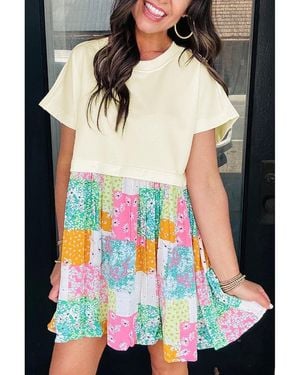 Azura Exchange Floral Patchwork T Shirt Pleated Loose Fit Mini Dress - Green