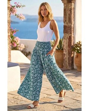 Roman Floral Leaf Shirred Palazzo Stretch Trouser - Blue