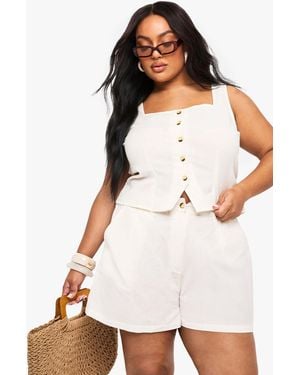 Boohoo Plus Linen Look Square Neck Button Front Top And Tailored Shorts Co-Ord - White