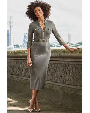 Sosandar Khaki Ponte Belted Midi Dress - Green