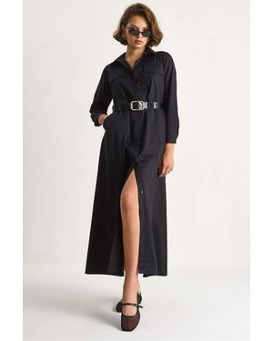 Bianco Lucci Long Sleeve Maxi Dress With Button Closure And Shirt Collar - Black