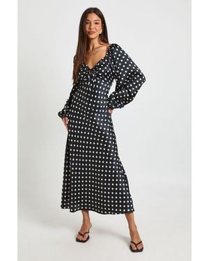 Boohoo Polka Dot Volume Sleeve Satin Midaxi Dress - Black