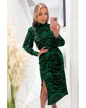 AX Paris Animal Print High Neck Long Sleeve Midi Dress - Green