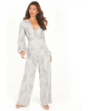Quiz Grey Embellished Palazzo Jumpsuit - White