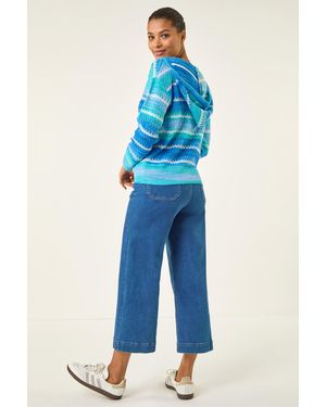 Roman Textured V-Neck Knit Hoodie - Blue